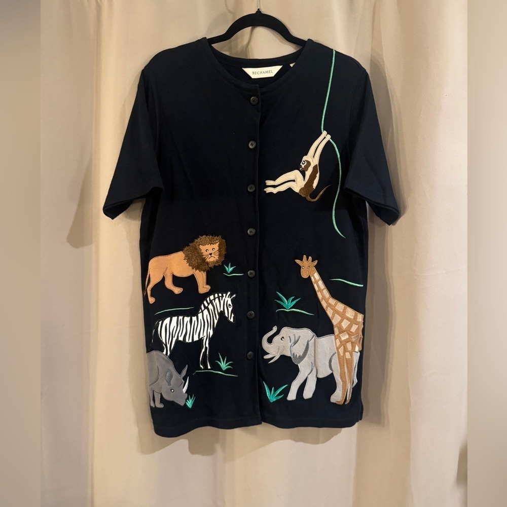 Bechamel Short Sleeve Black Animal Print Top